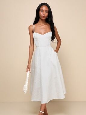 Lulus Meet For Tea White Jacquard Bustier Midi Dress With Pockets - Size XL